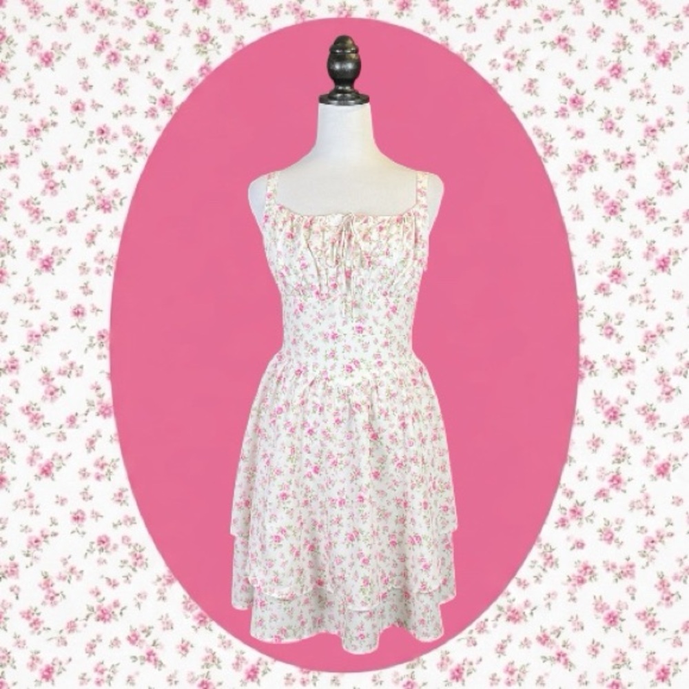 Scarlet Darkness NWT Cottagecore White/Ivory Pink Floral Tiered Mini Dress XL
